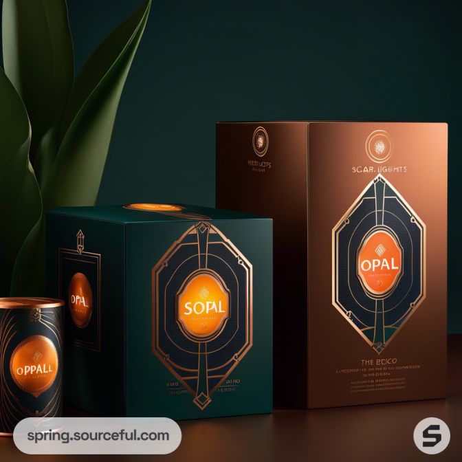 Elegant dark green and bronze packaging with art deco design featuring a candle and a box with "OPAL" text.