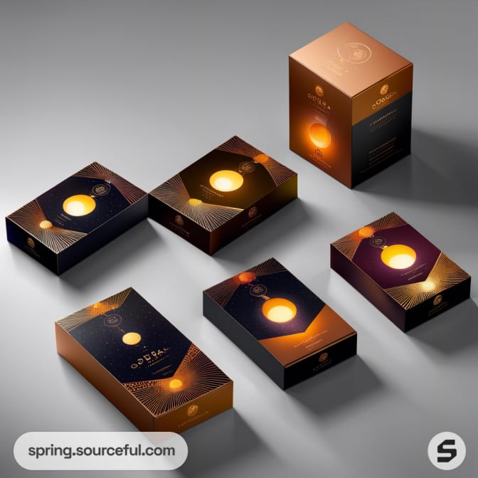 Luxury dark-themed packaging with gold accents displayed on boxes with circular patterns on lids.