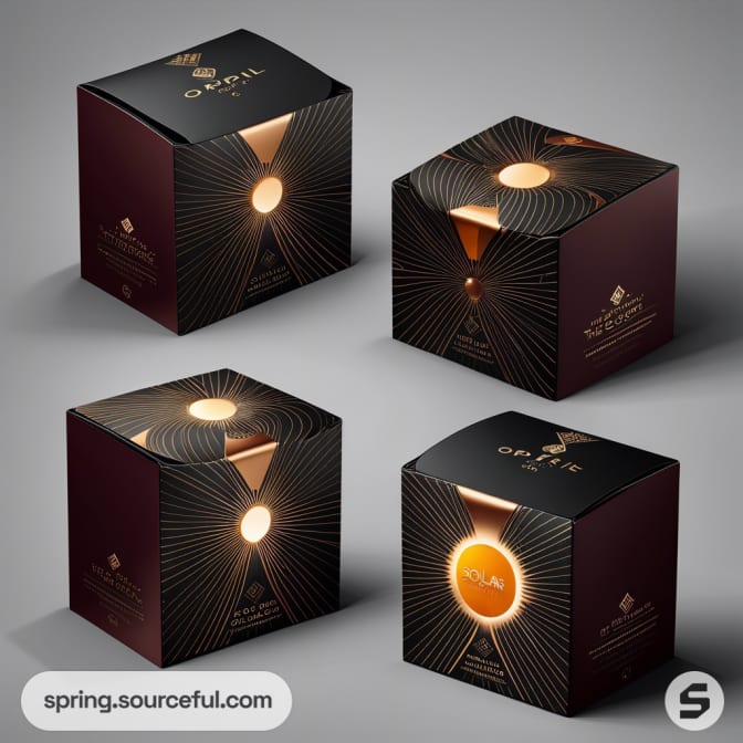 Elegant black cube boxes with gold and orange accents; circular patterns and central logo design.