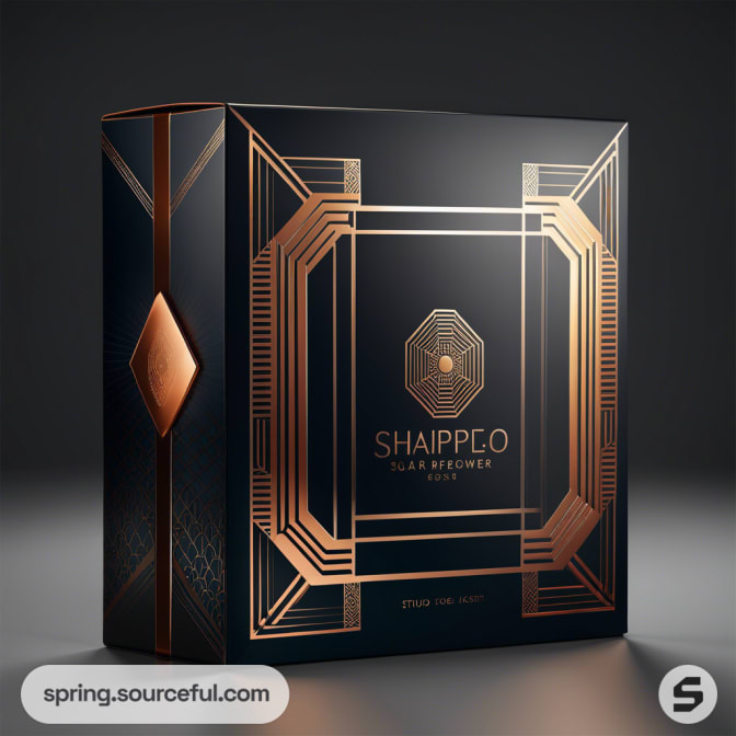 Elegant dark box with gold geometric design featuring bold patterns and a central emblem, set against a gray background.