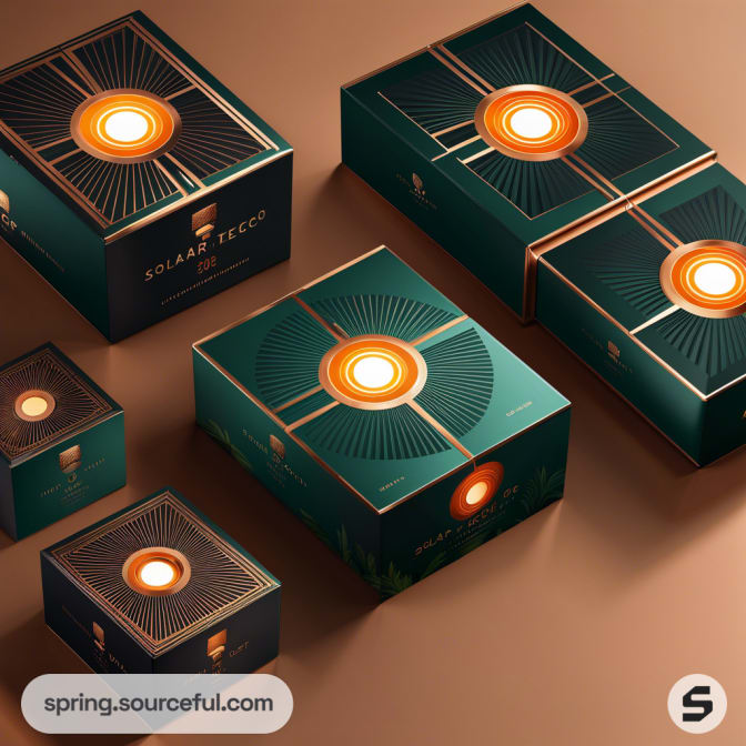 Elegant teal and gold gift boxes with circular light pattern on a warm brown background.