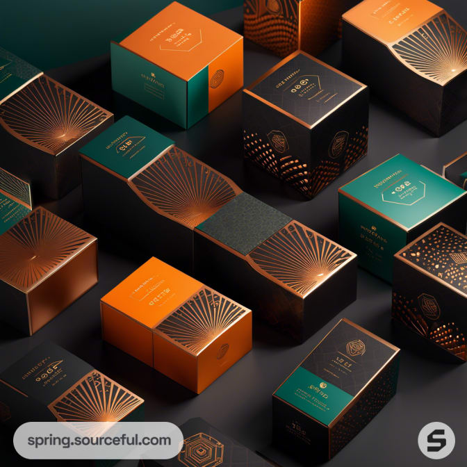 Elegant packaging with geometric patterns in black, orange, and green colors.