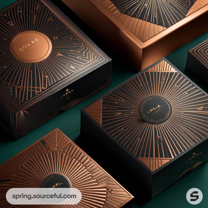Art deco style black and copper packaging with geometric design on boxes.