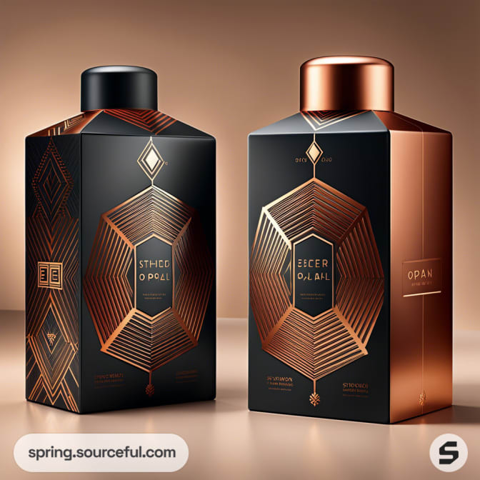 Geometric copper and black bottles with art deco design, featuring angular patterns on matte and metallic surfaces.