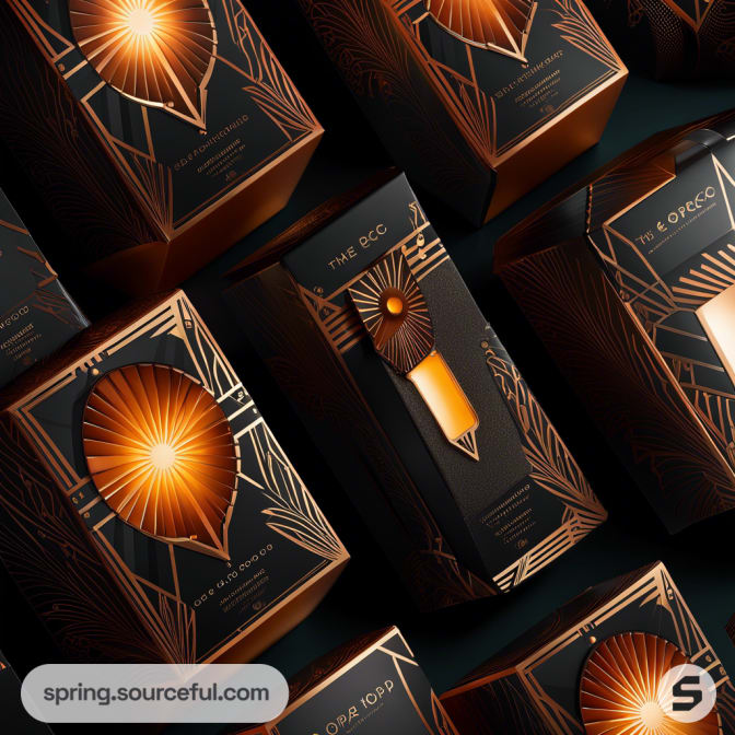 Art deco-themed packaging with geometric patterns and warm metallic accents.