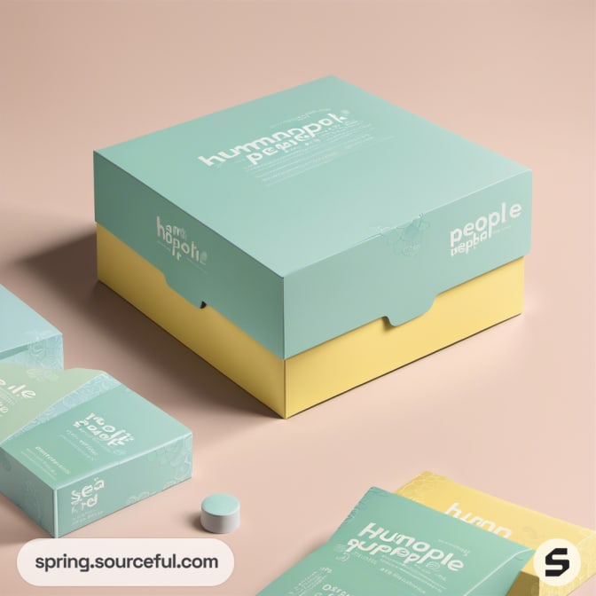 Two-tone square box in teal and yellow on beige background.