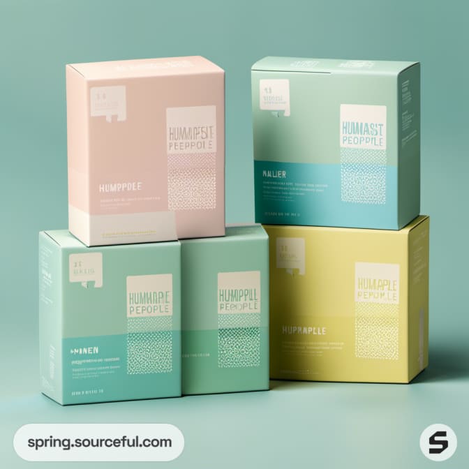 Stack of square boxes in pink, blue, and yellow tones.