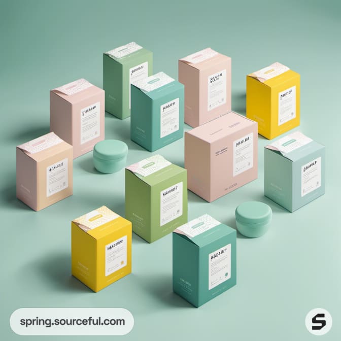 Arrangement of colorful boxes and small teal jars.