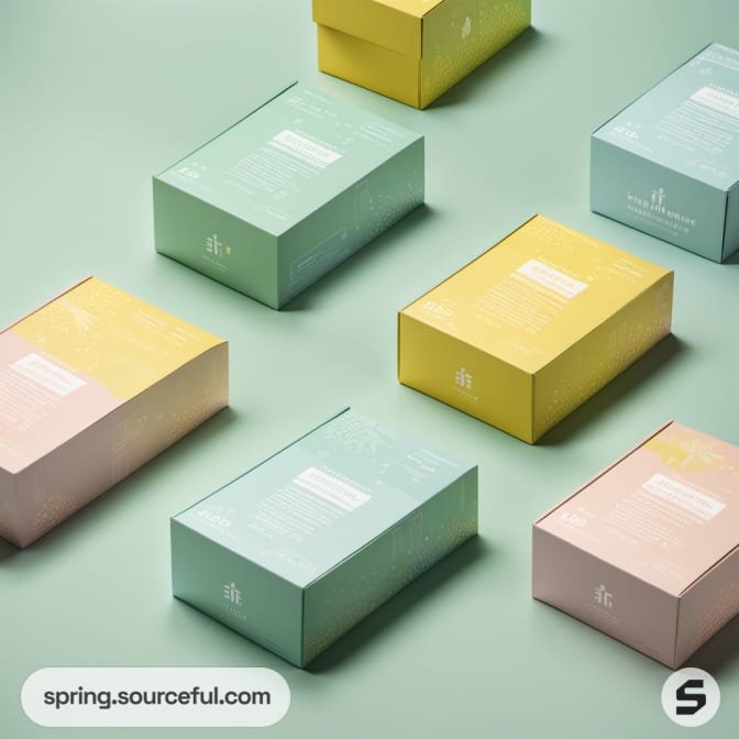 Pastel colored boxes arranged on green background.