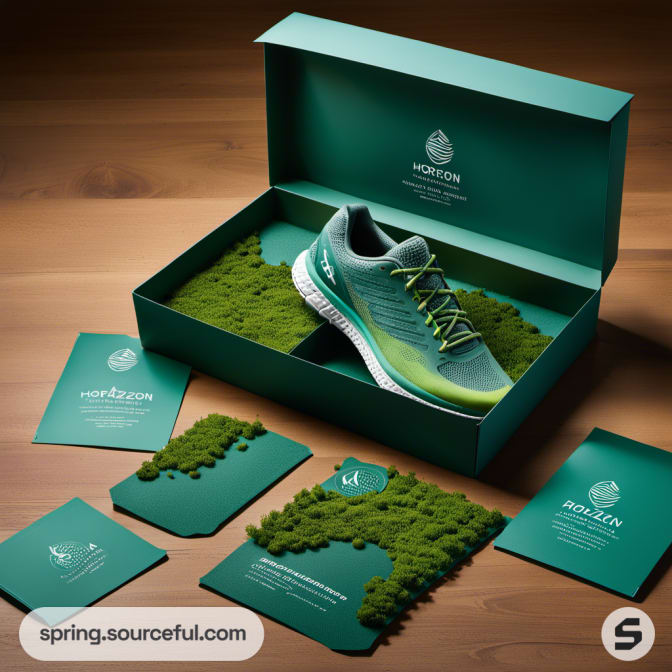 Green shoe displayed in open box with faux moss texture.