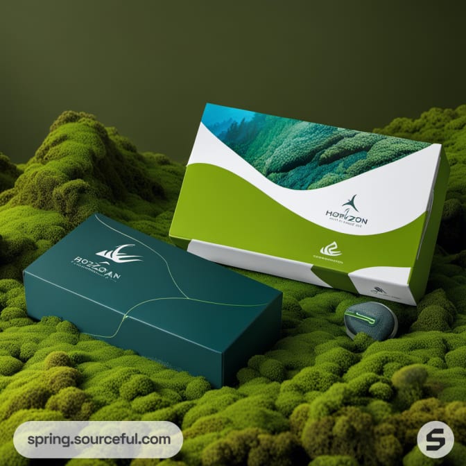 Green textured box and darker box with landscape theme.