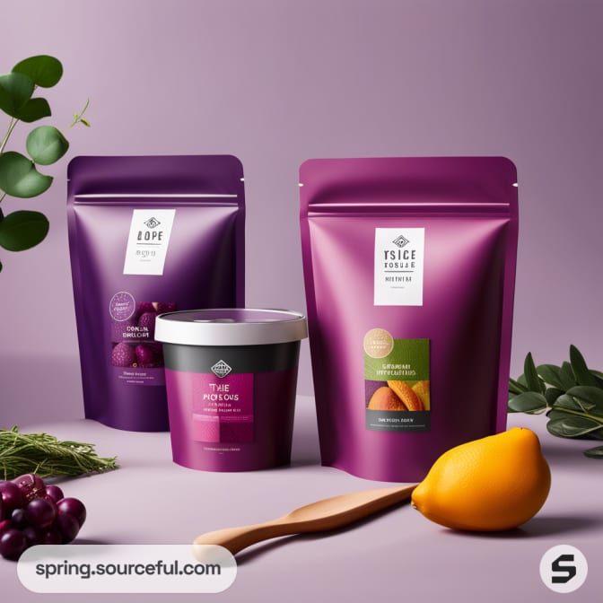 Three resealable pouches and a tub in purple and green with fruit imagery on purple background.