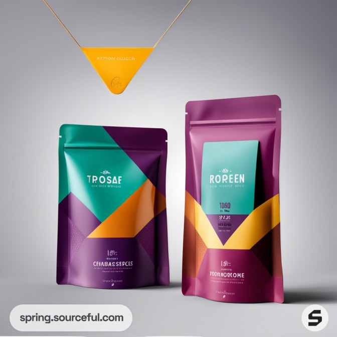 Teal and purple resealable pouches with triangular yellow accents on gray background.