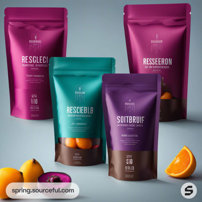 Four resealable pouches in purple and teal with fruit imagery on a blue background.