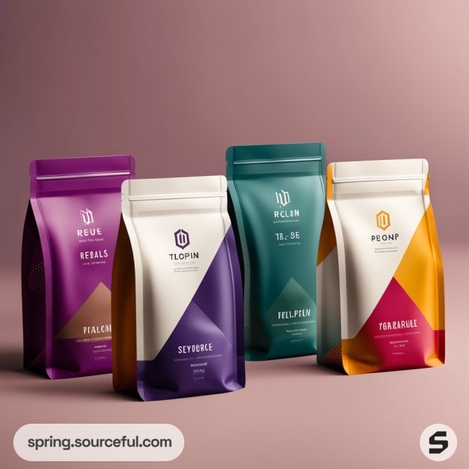 Four geometric resealable pouches in purple, teal, and orange on a brown background.