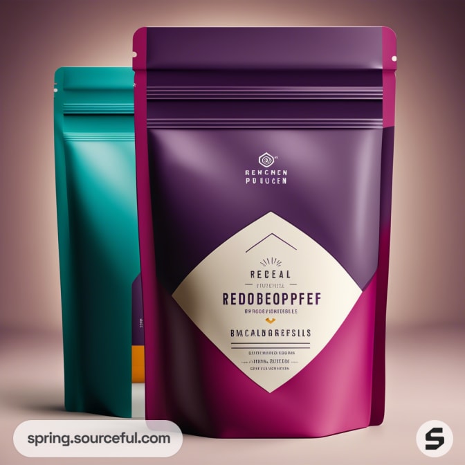 Purple and teal resealable pouches with diamond-shaped label on blurred background.