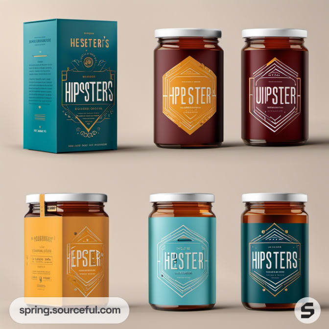 Glass jars with hipster-themed labels and a teal box packaging.