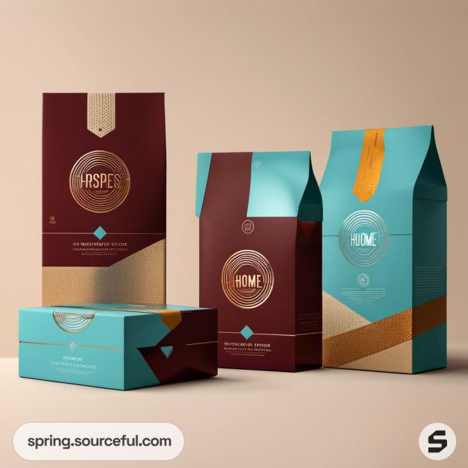 Various teal and maroon packages with modern graphic designs.