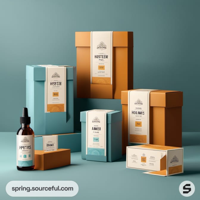 Stacked boxes and a dropper bottle in teal and mustard colors.