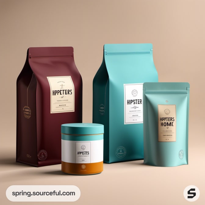 Diverse coffee packaging in teal and maroon bags and a jar.