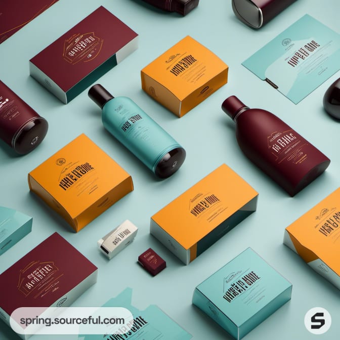 Variety of teal, maroon, and mustard bath product packaging.