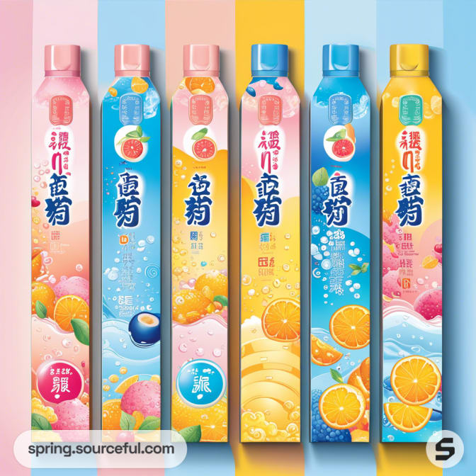 Colorful carton beverages with fruit designs against pastel backgrounds.