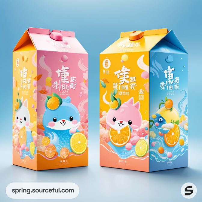 Cartons with cute cartoon characters, one pink with oranges, one blue with peaches, colorful splashes on each.