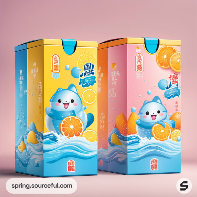 Carton boxes with cute cat design, orange slices, water splashes; colors: pink, blue, yellow.