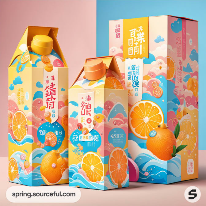 Colorful juice cartons and box with vibrant fruit illustrations and orange-themed design.