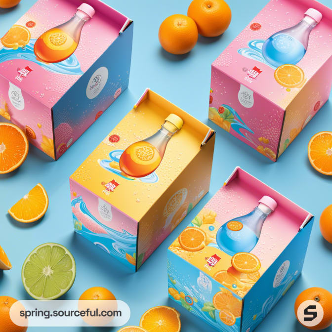 Colorful mailer boxes with citrus fruit designs and images of bottled drinks on a blue background with oranges.