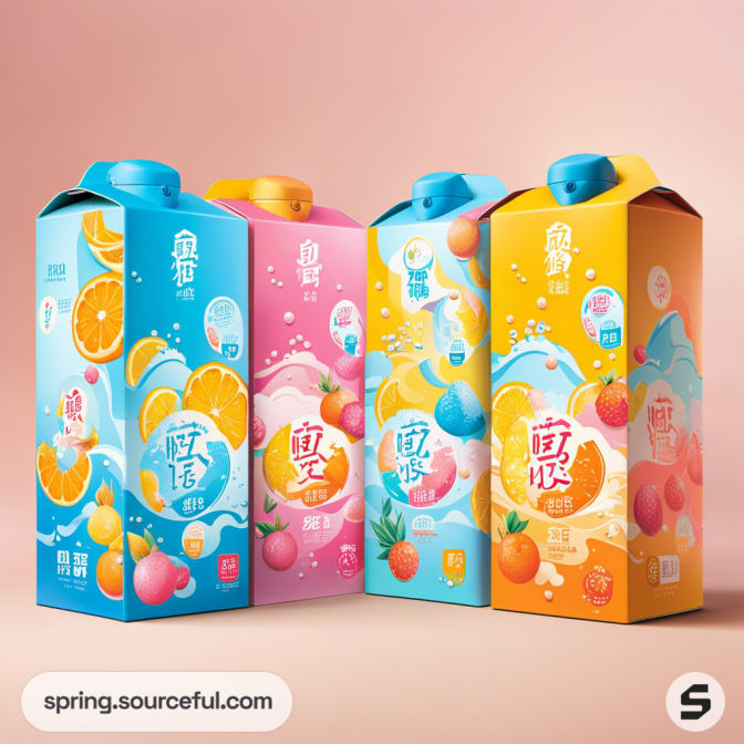 Four colorful juice cartons with fruit illustrations on a pastel background.