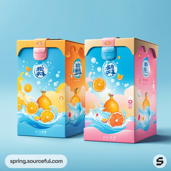Bright fruit juice cartons with vibrant orange and pink designs, featuring splashing water and citrus illustrations.