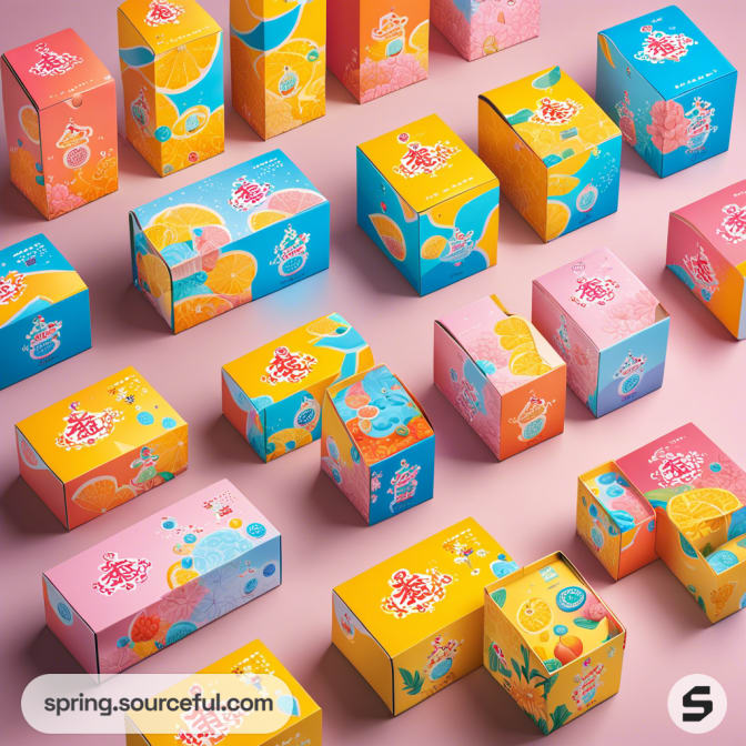 Colorful mailer boxes with fruit patterns on pink background.
