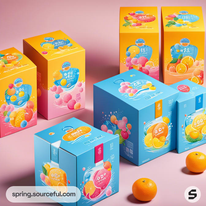Colorful fruit-themed boxes with vibrant designs against a pink background.