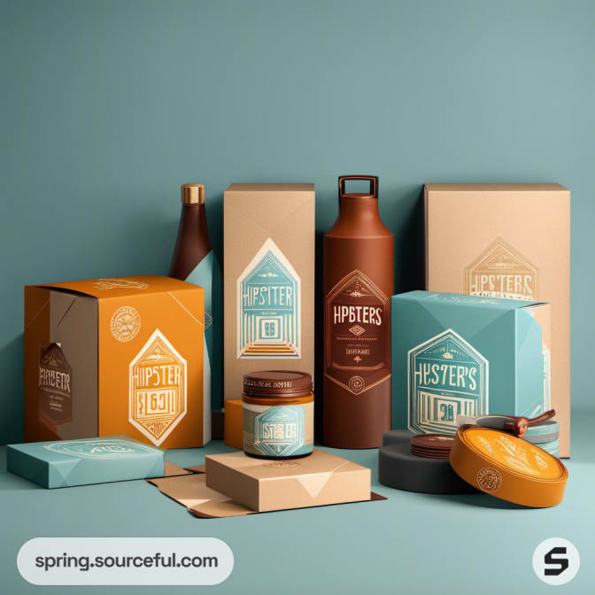 Various hipster-themed packages in teal, orange, and brown hues.