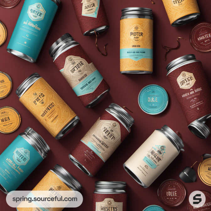 Assorted hipster drink cans in teal and brown labels on a burgundy background.