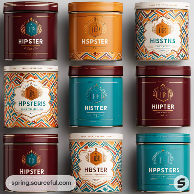 Hipster-themed round tins with intricate patterns in teal, maroon, and white.
