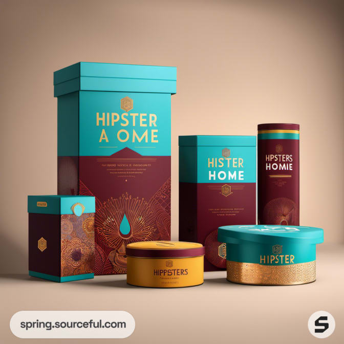Tall and cylindrical hipster packages in teal and brown with gold accents.