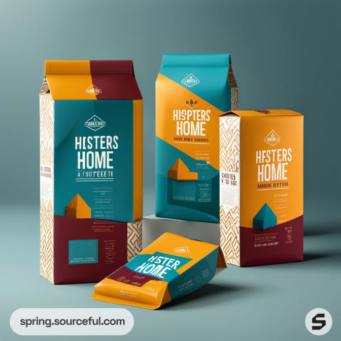 Hipster coffee packaging in teal, orange, and maroon on a teal background.