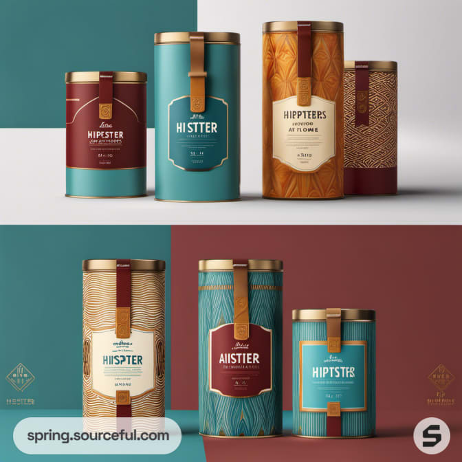 Cylindrical and rectangular hipster packages in teal and brown hues.
