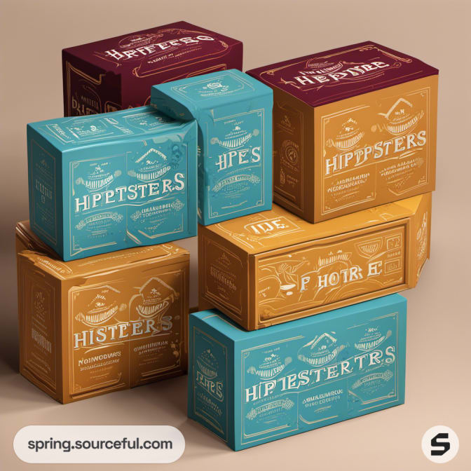 Stacked hipster-themed boxes in teal, orange, and maroon colors.