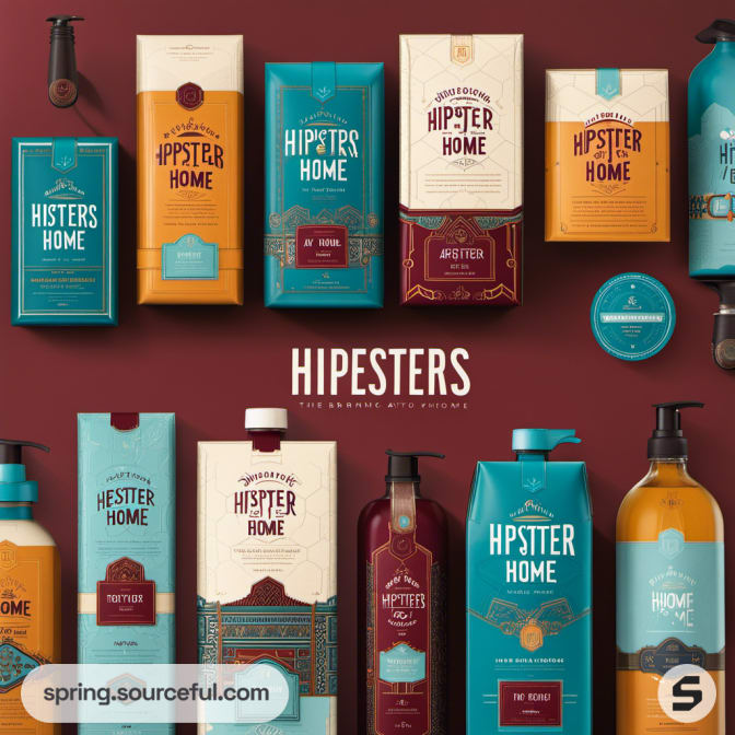 Diverse hipster home products in teal and maroon arranged vertically.
