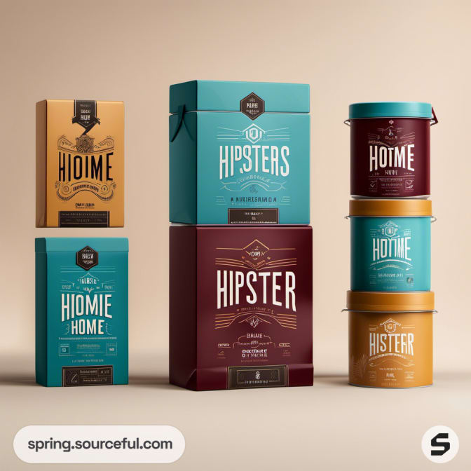 Hipster-themed boxes and tubs in teal, maroon, and mustard colors.