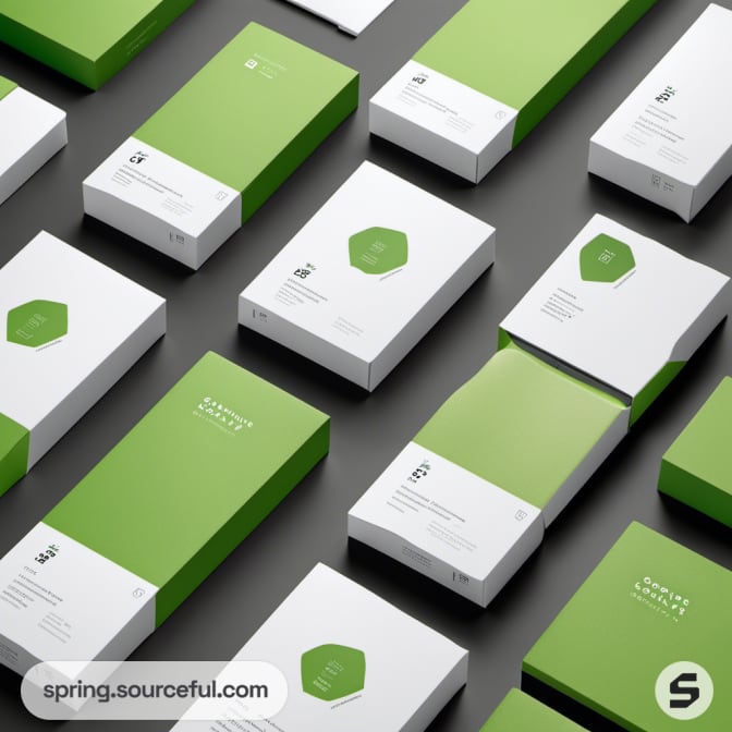 Green and white packaging boxes arranged in a pattern.