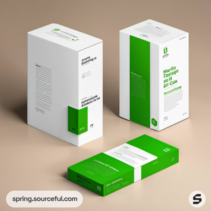 Tall white boxes with green accents featuring minimalist typography.