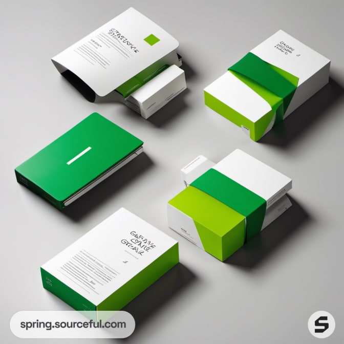 Various green and white boxes with sliding drawer designs.