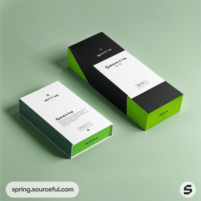 Two boxes with green and black sleek designs on a light green surface.