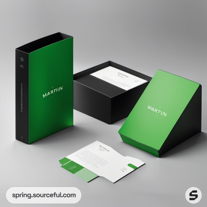 Green box set with contrasting black interior and folded cards.