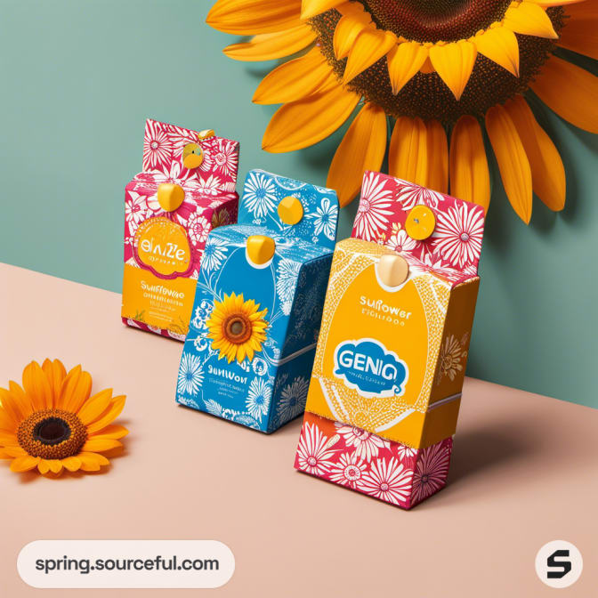 Sunflower-themed juice cartons in vibrant colors on a beige surface.