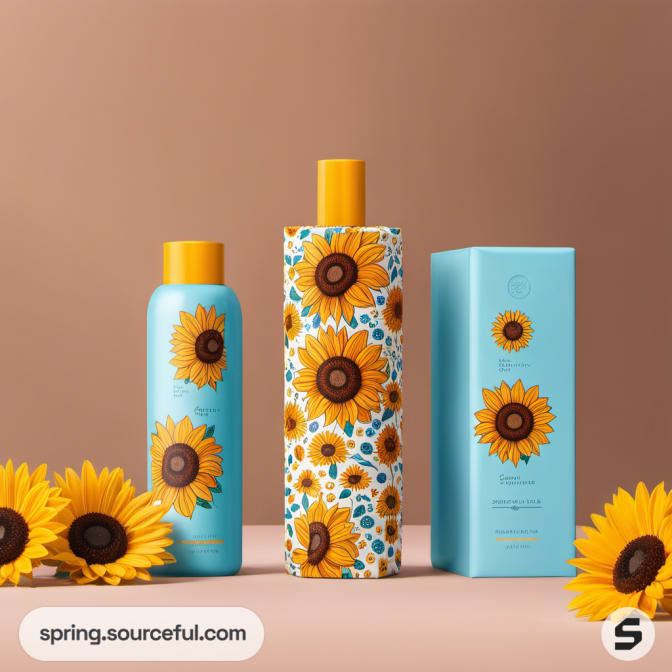 Bottles and box with sunflower design on a brown background.